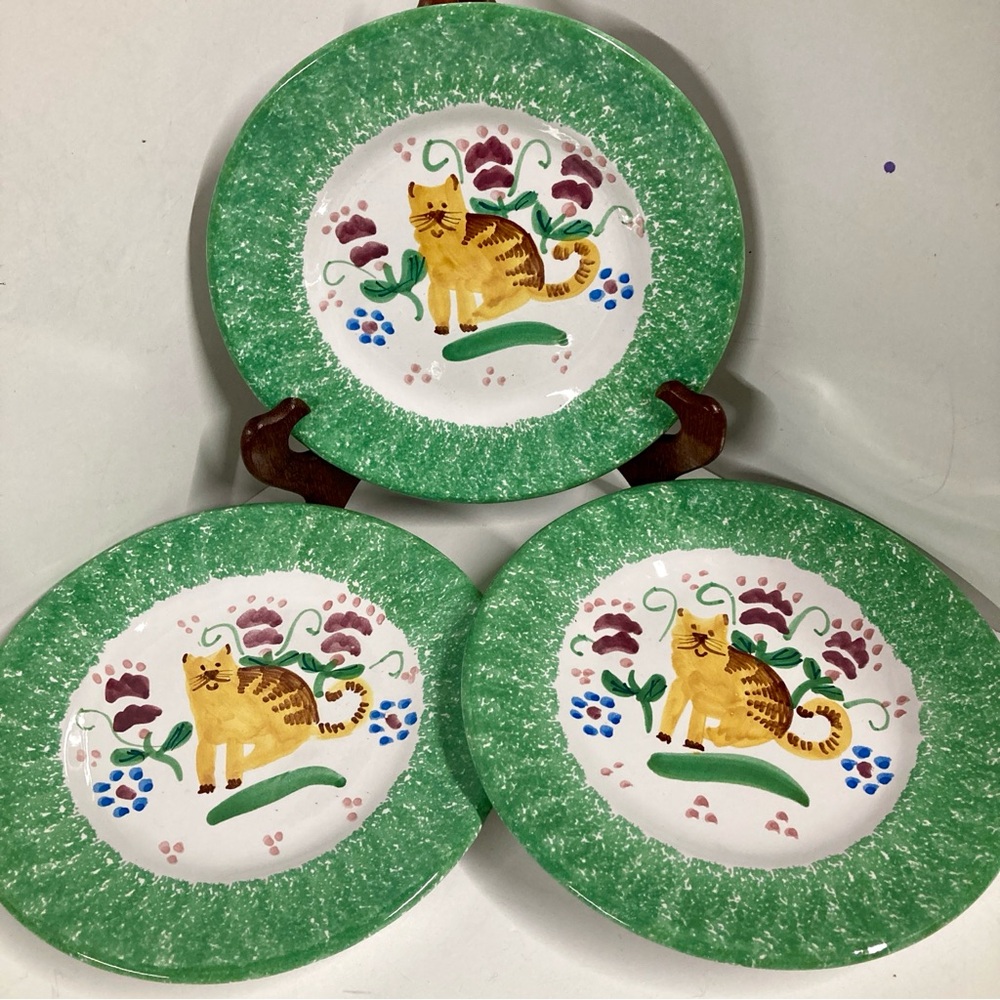 RARE Orange Tabby Cat Salad Plates Set 3 8”Hand Painted Taste Setter Sigma Italy